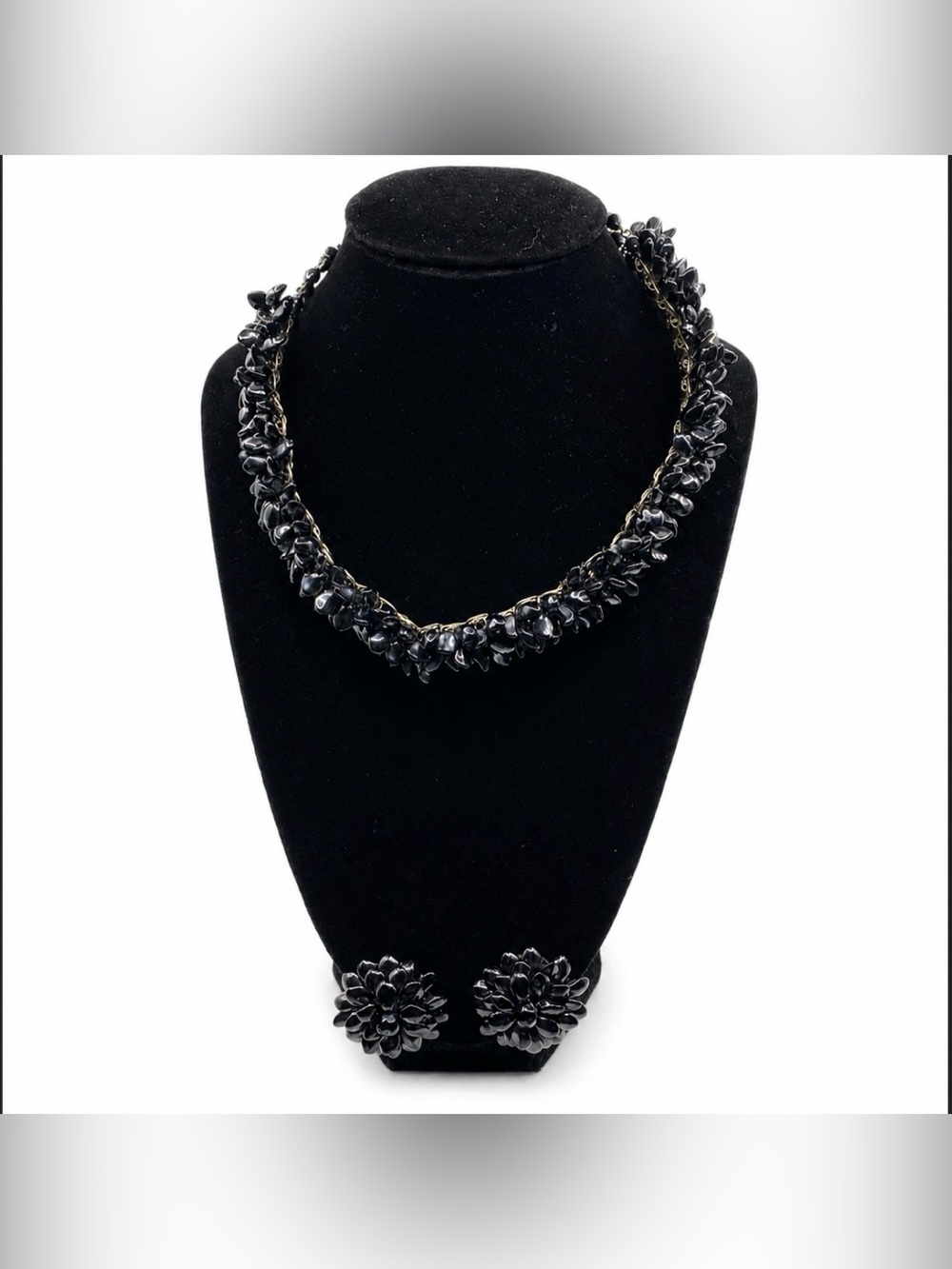 Polished Hematite Choker Necklace and Floral Clip on Earring Set